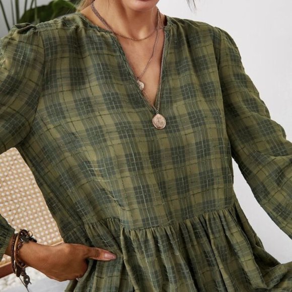 Plaid ruffle hem lantern sleeve dress GREEN - Picture 6 of 6